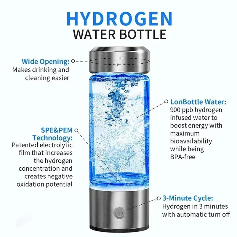 Hydrogen-Rich Water Generator Bottle - Portable Antioxidant Ionizer 420ml