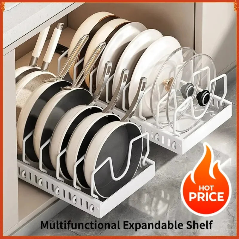 Kitchen Multifunctional Pull-Out Organizer for Pots, Pans, Lids, Spices & Dishes