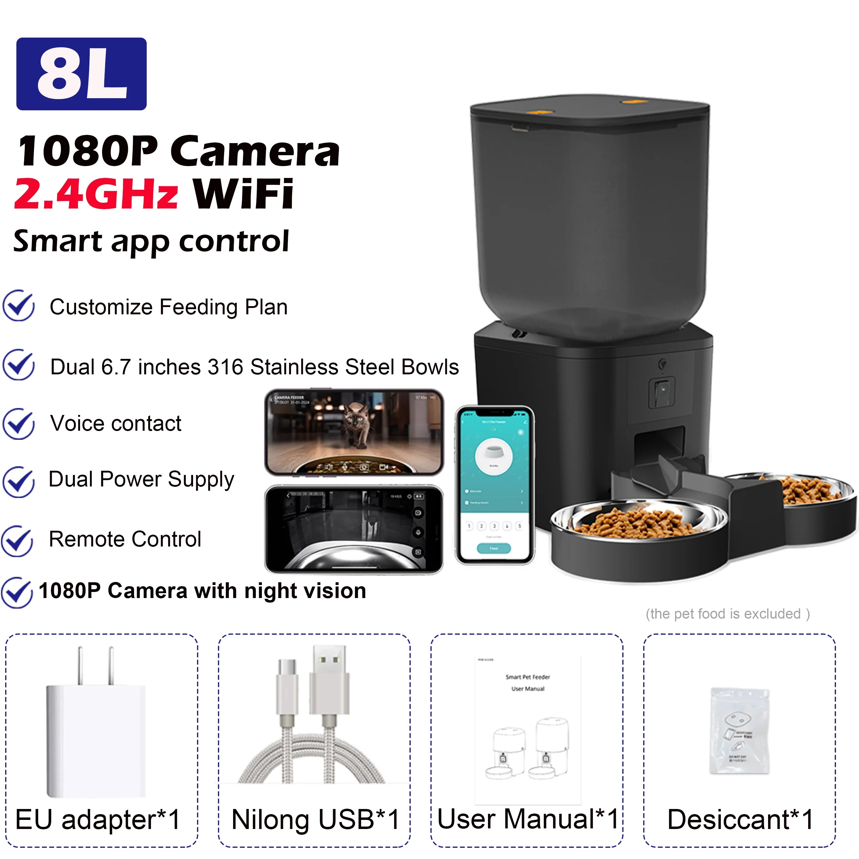 8L Smart Automatic Cat Feeder with 1080p Camera & 5G WiFi App Control