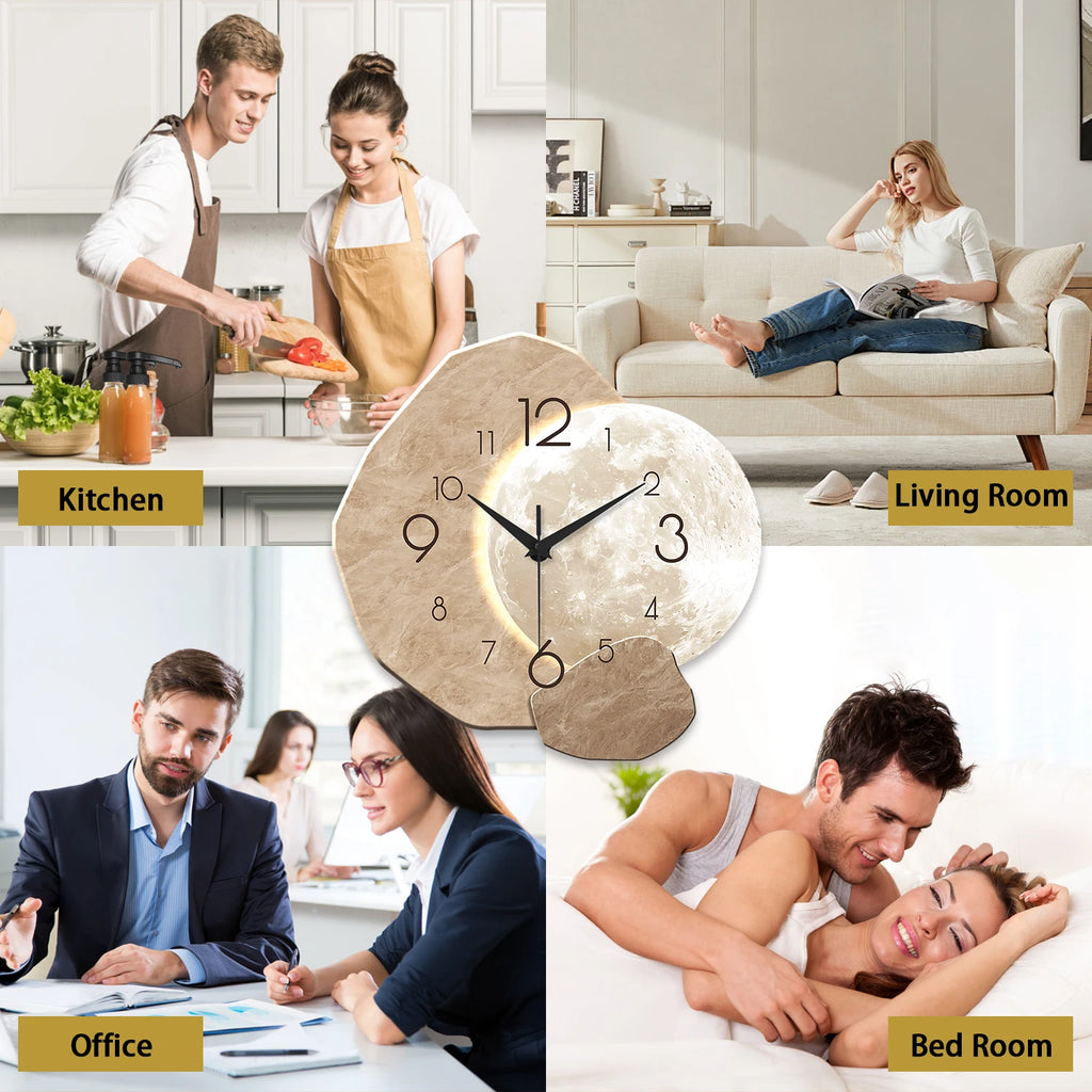 Modern Silent Moon Wall Clock - Quartz Wood Decor