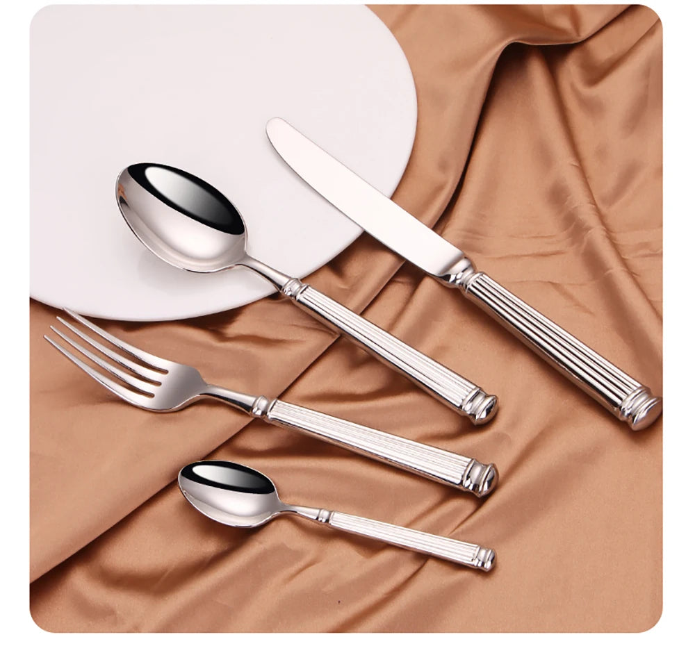 Elegant Striped Silver Cutlery Set - Premium Stainless Steel 304