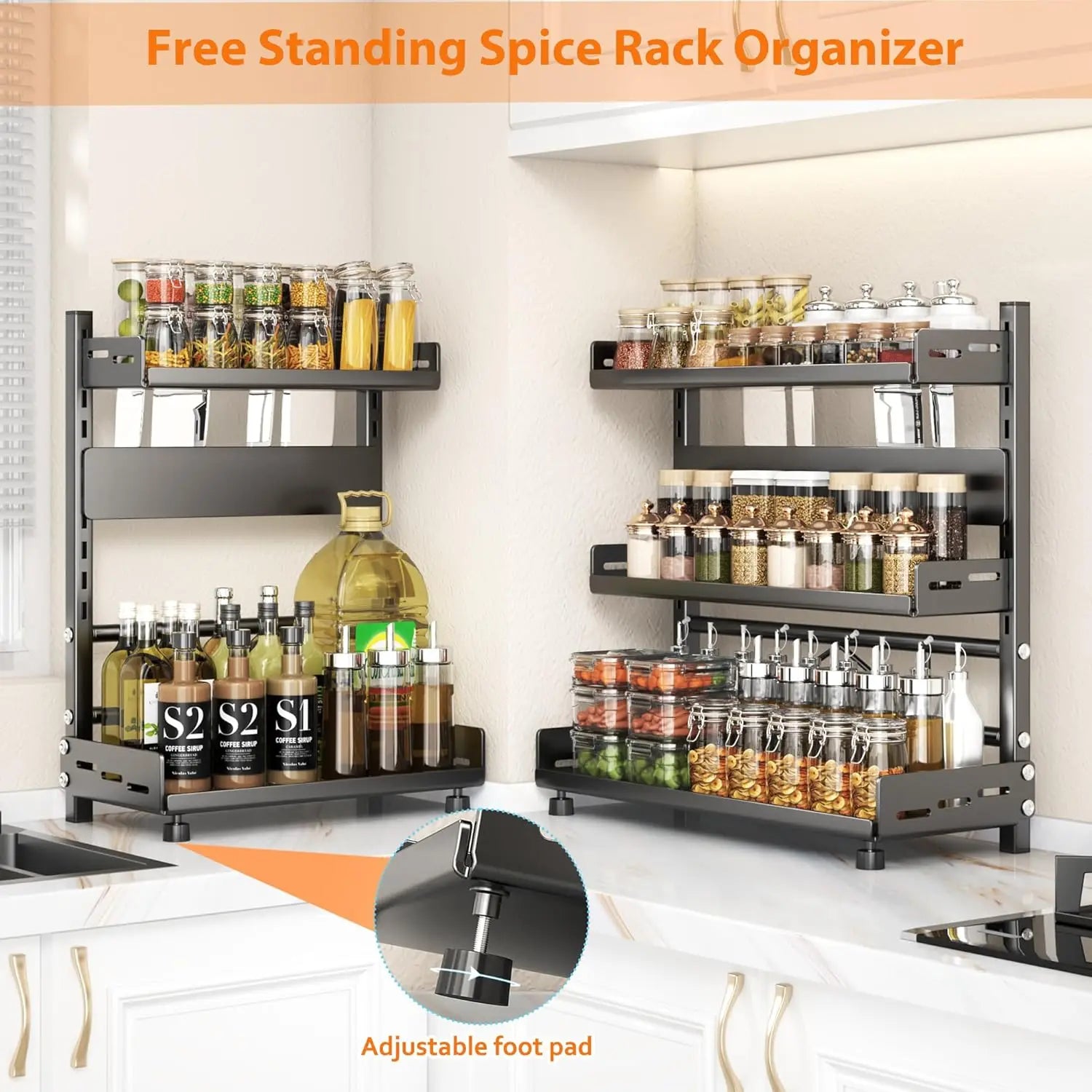 3 Tier Adjustable Spice Rack - Countertop & Cabinet Kitchen Organizer