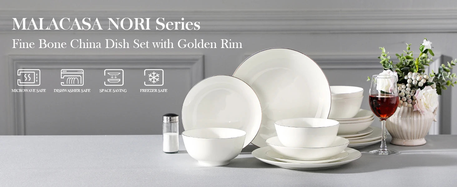 MALACASA Nordic Golden Rim Bone China Tableware Set - Elegant Dining Experience