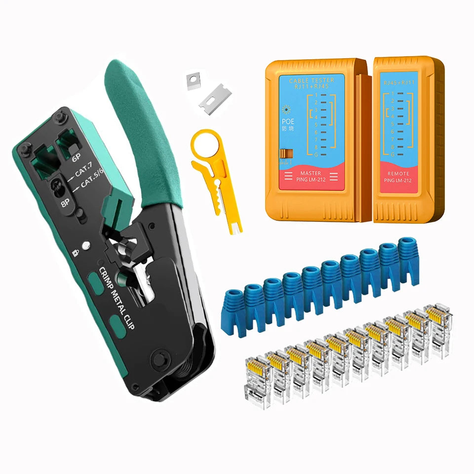 Vabena RJ45 RJ12 RJ11 Pass Through Crimp Tool & Stripper Kit | Cat5e-Cat7 Ethernet Crimper
