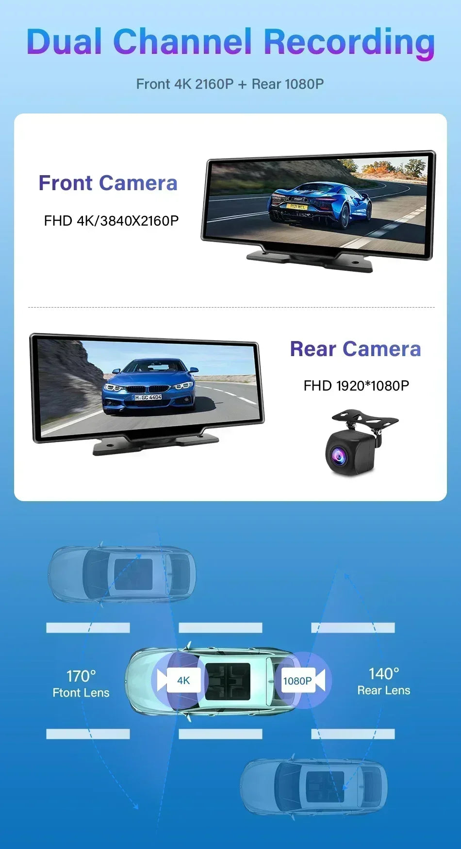 Srnubi 10.26" 4K Dash Cam with CarPlay, Android Auto & GPS