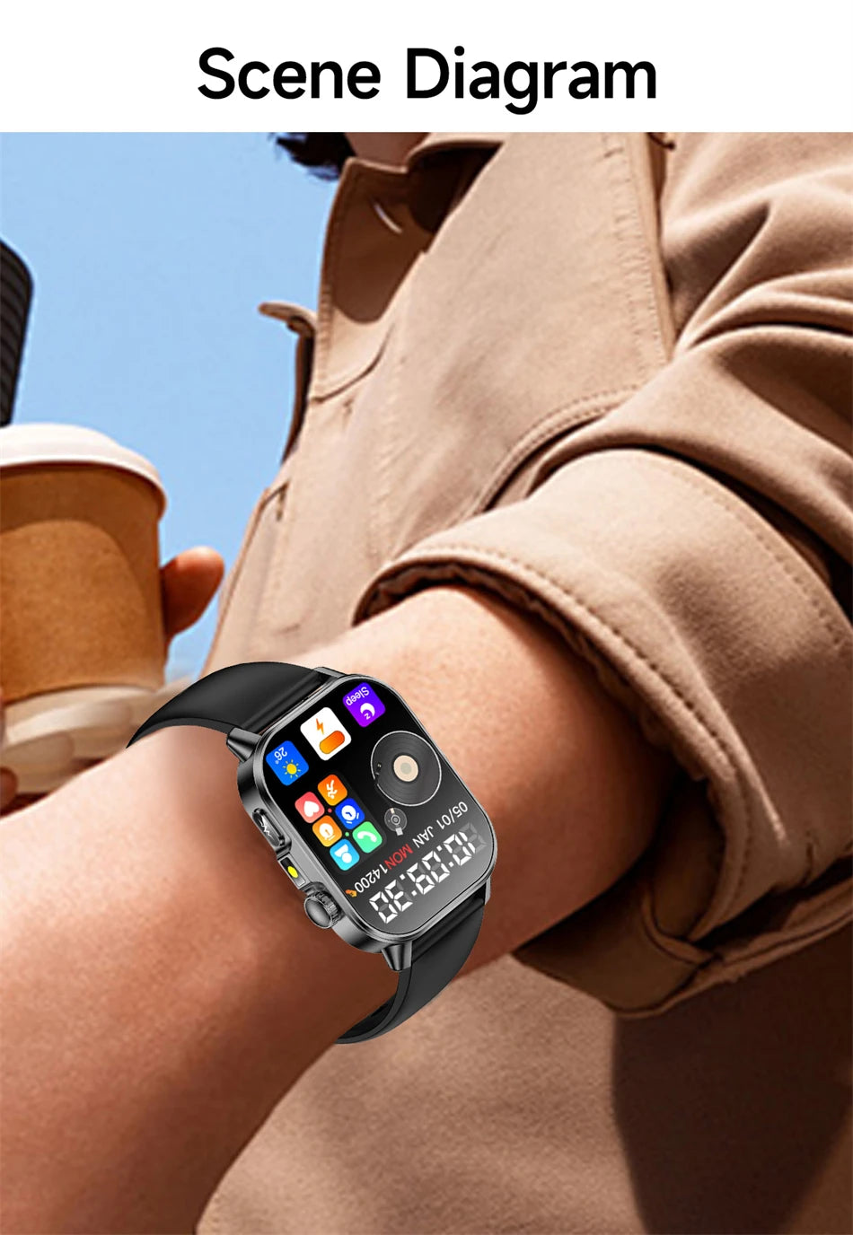 Vabena Men's ECG Smartwatch: Accurate Health Diagnosis with Blood Pressure, Oxygen, Fat, Uric Acid & Temp Monitoring