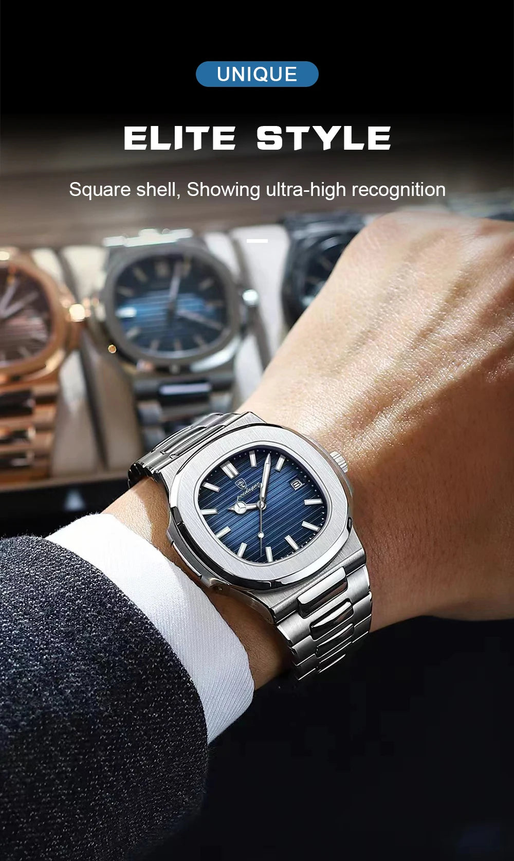 POEDAGAR Men's Square Luxury Quartz Watch - Waterproof, Luminous Date, Stainless Steel for Business & Sport