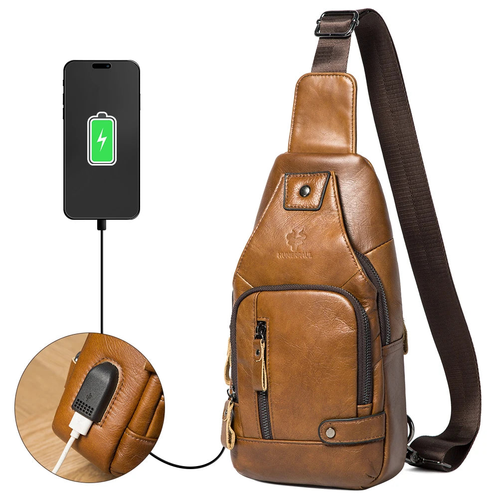 HUMERPAUL Men's Genuine Leather USB Crossbody Chest Bag - Travel & Fashion