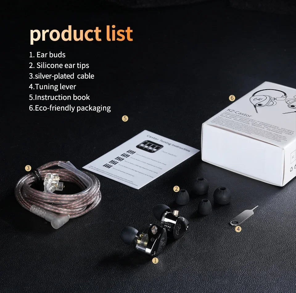 KZ Castor 2DD Dynamic In-Ear Earphones - High-End Tunable HiFi Bass Monitor Headphones