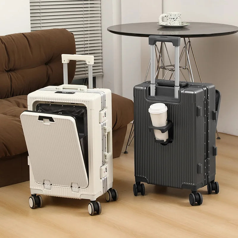 Vabena Front Opening USB Charging Aluminum Carry-on Suitcase