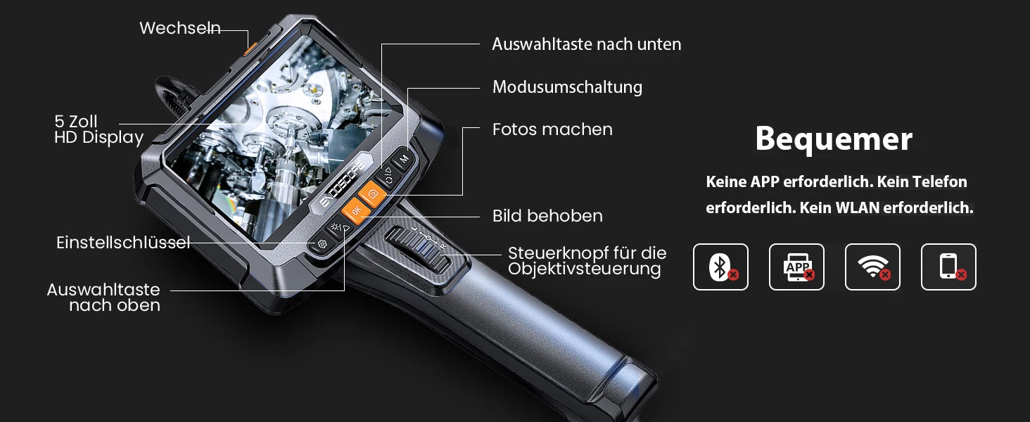 Vabena 360° Rotating Dual-Lens Endoscope - 3.9MM Industrial Inspection Camera with 5-inch IPS Display