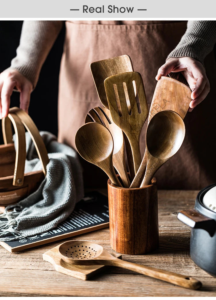 9-Piece Teak Wooden Cooking Utensil Set with Holder