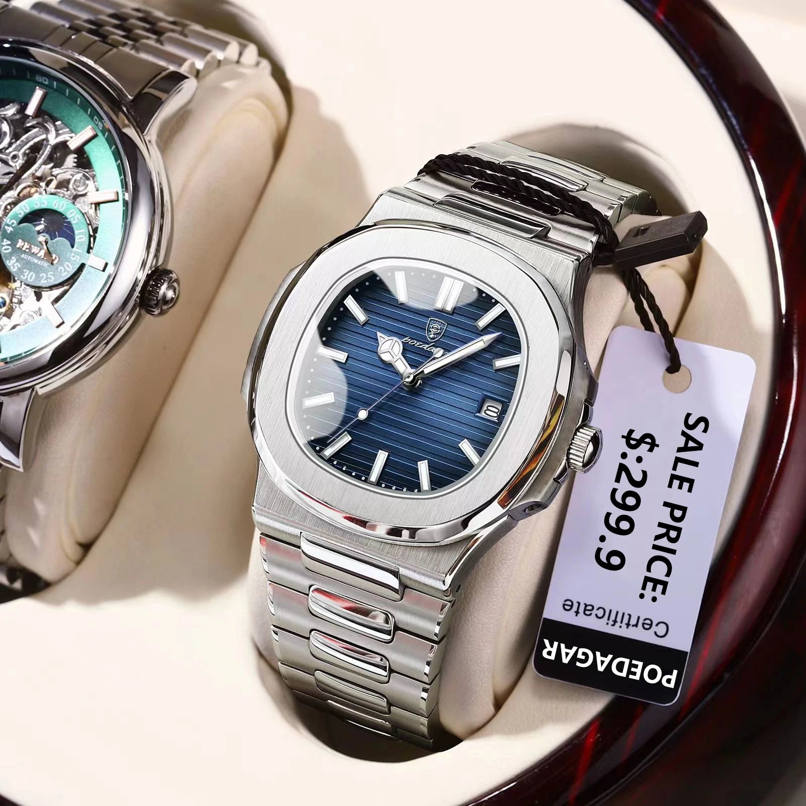 POEDAGAR Men's Square Luxury Quartz Watch - Waterproof, Luminous Date, Stainless Steel for Business & Sport