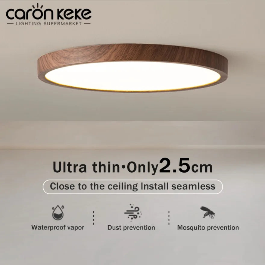 Modern Circular LED Ceiling Light - Ultrathin Wood Grain Walnut Decorative