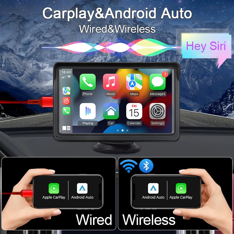 Hippcron 7inch Wireless CarPlay Android Auto Portable Car Radio