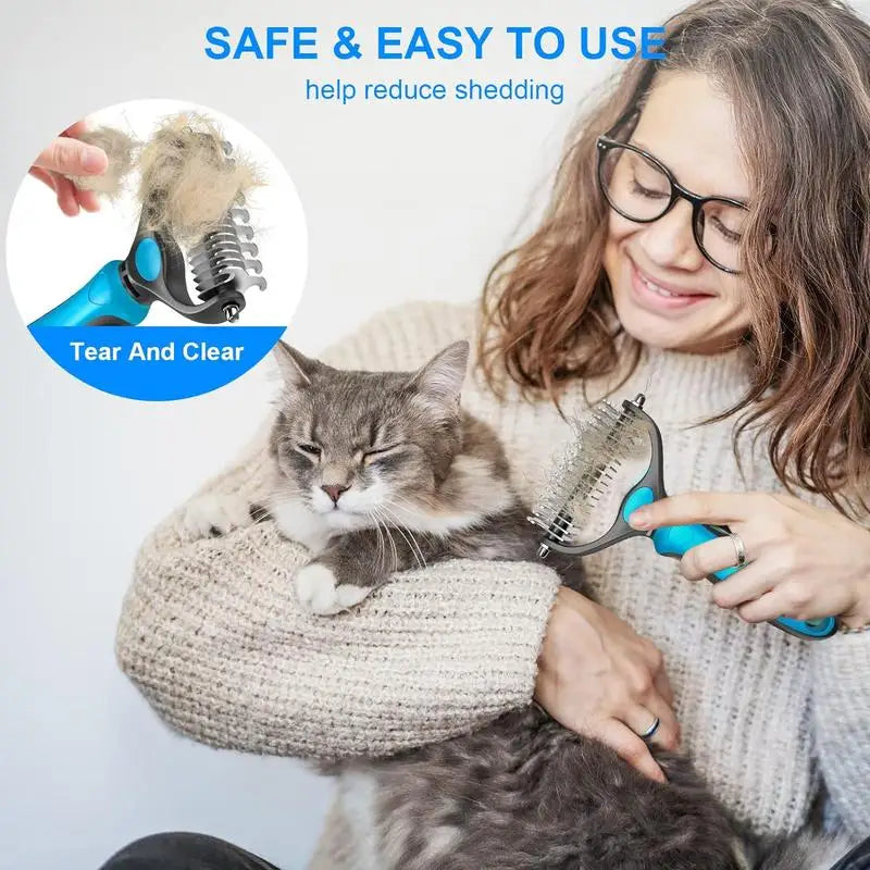 2in1 Pet Deshedding Brush & Knot Cutter - Stainless Steel Dog & Cat Grooming Tool