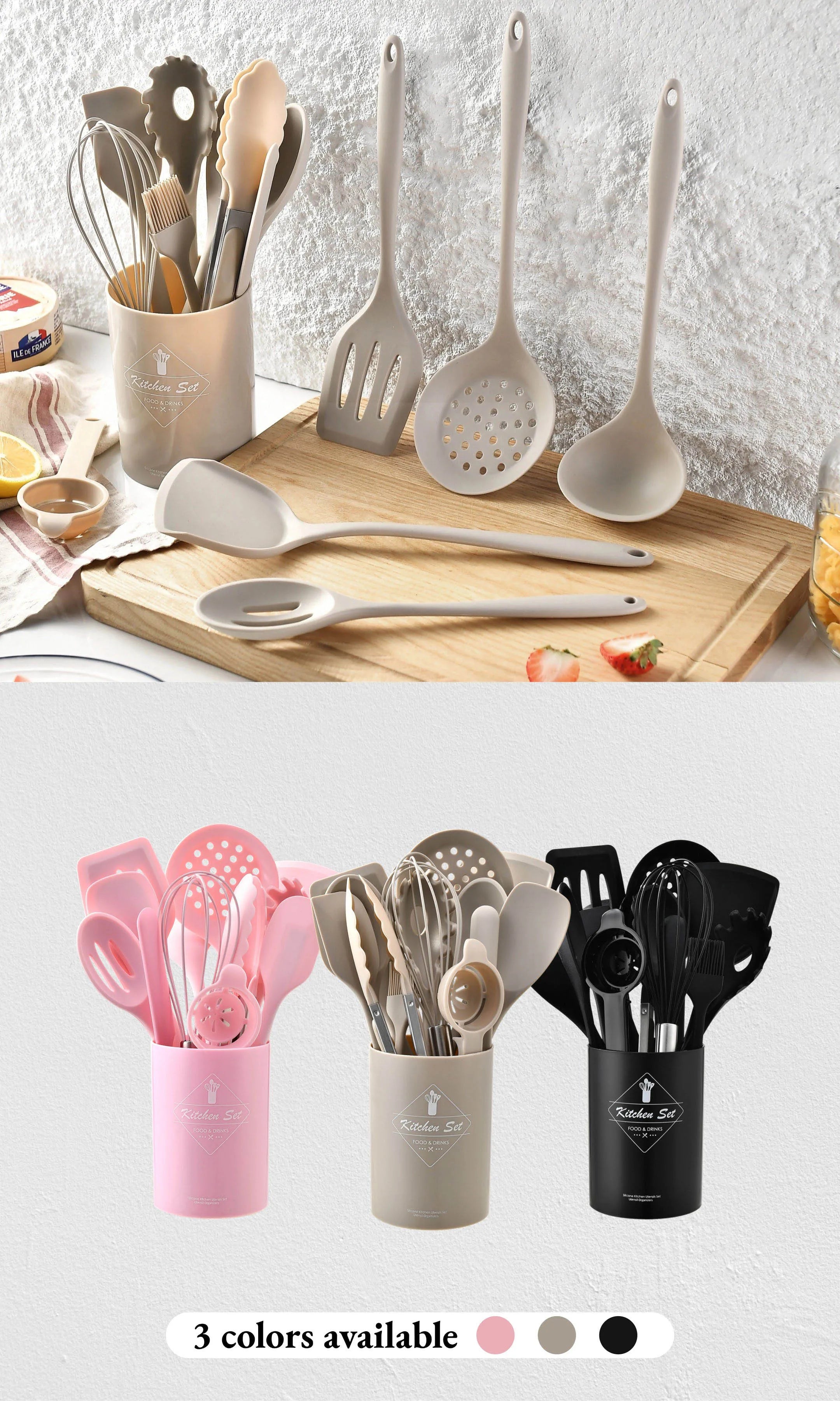 15-Piece Khaki Food Grade Silicone Kitchen Utensil Set