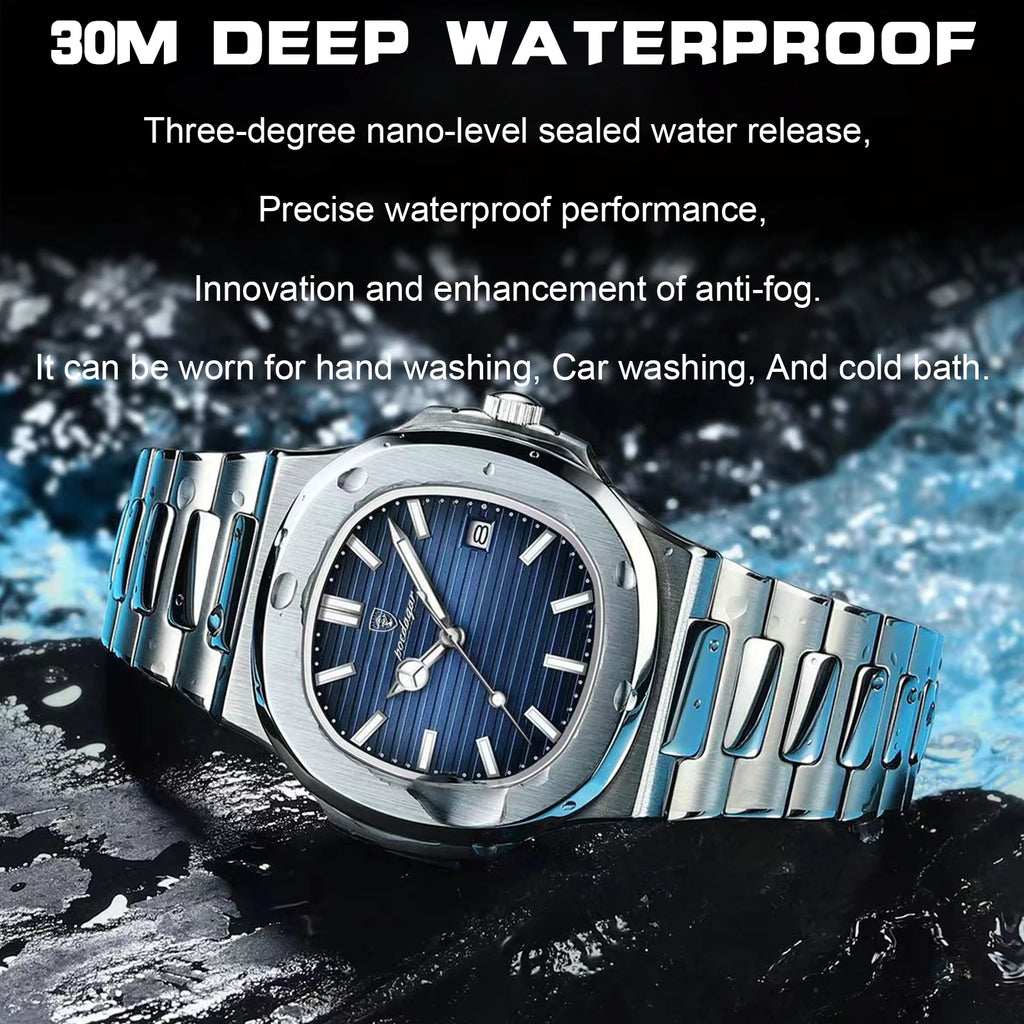 POEDAGAR Men's Square Luxury Quartz Watch - Waterproof, Luminous Date, Stainless Steel for Business & Sport