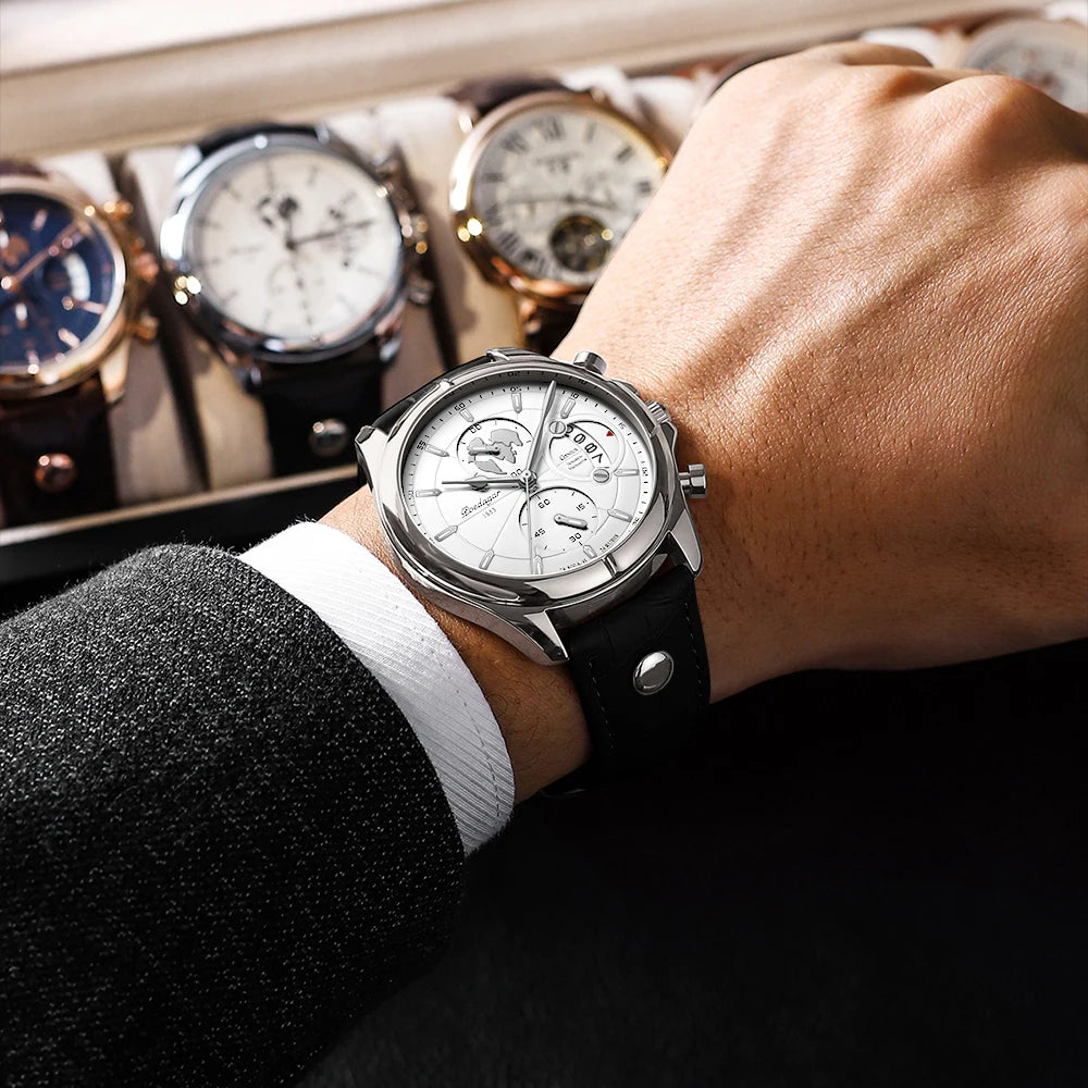 POEDAGAR Luxury Chronograph Watch for Men - Waterproof, Leather Strap, Date