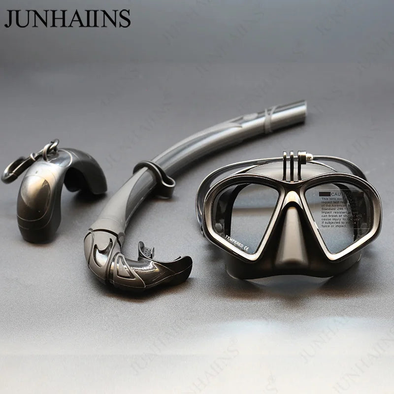 Low Volume Freedive Mask & Snorkel Set with Camera Mount - Tempered Glass Black