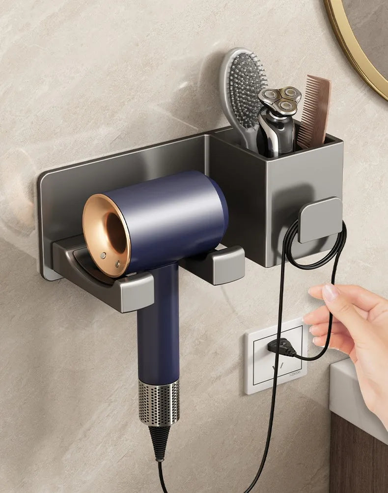 Wall Mounted Hair Dryer Holder with Storage - Bathroom Organizer Shelf