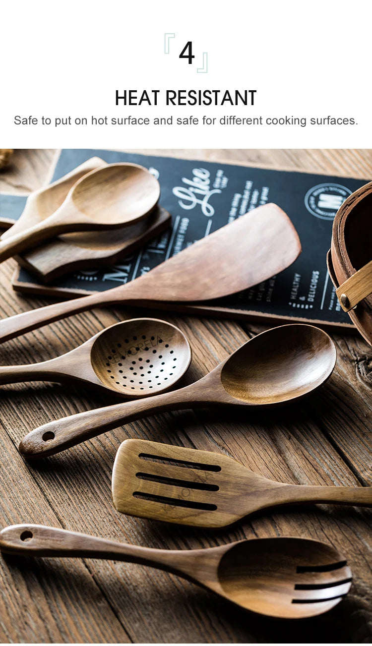 9-Piece Teak Wooden Cooking Utensil Set with Holder