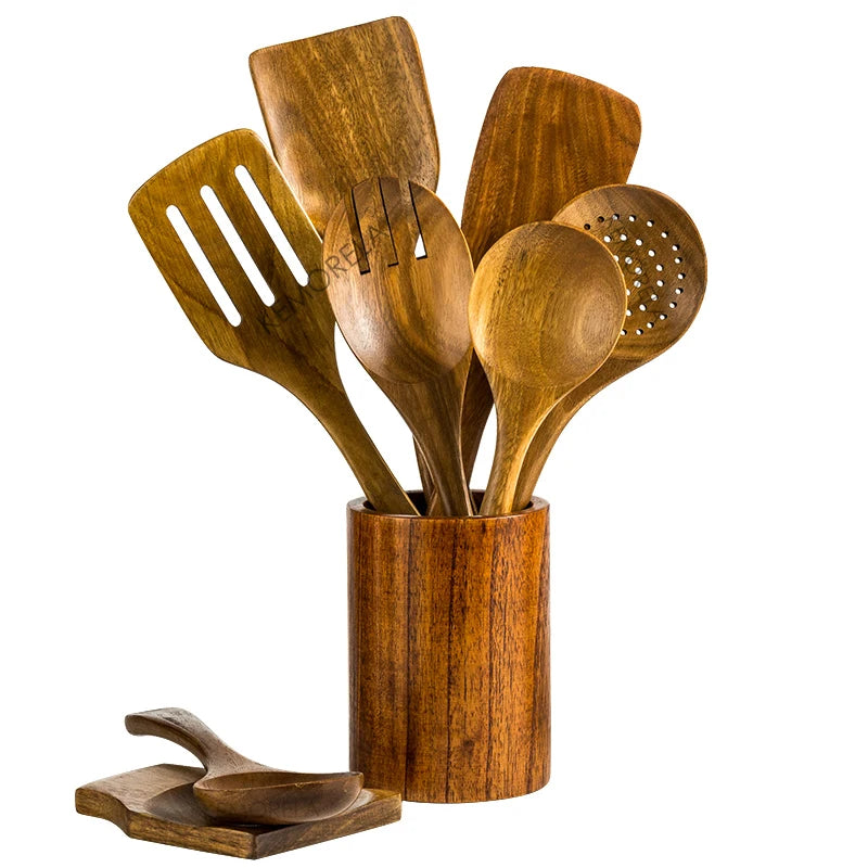 9-Piece Teak Wooden Cooking Utensil Set with Holder