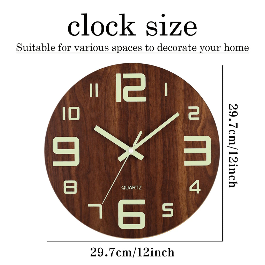 12-inch Luminous Silent Wood Wall Clock - Nordic Night Light Decor