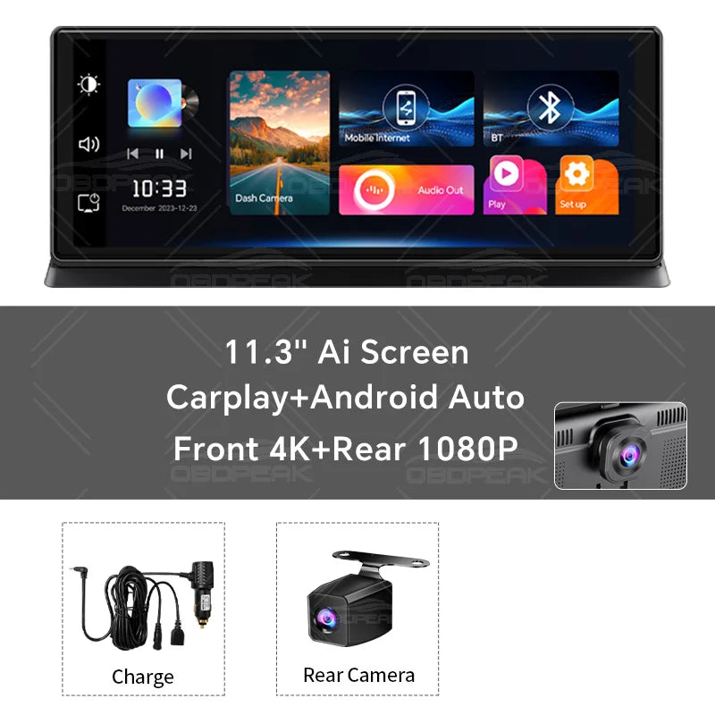 K2 Pro 11.3" 4K Wireless CarPlay Android Auto Dash Cam with GPS & Dual Lens