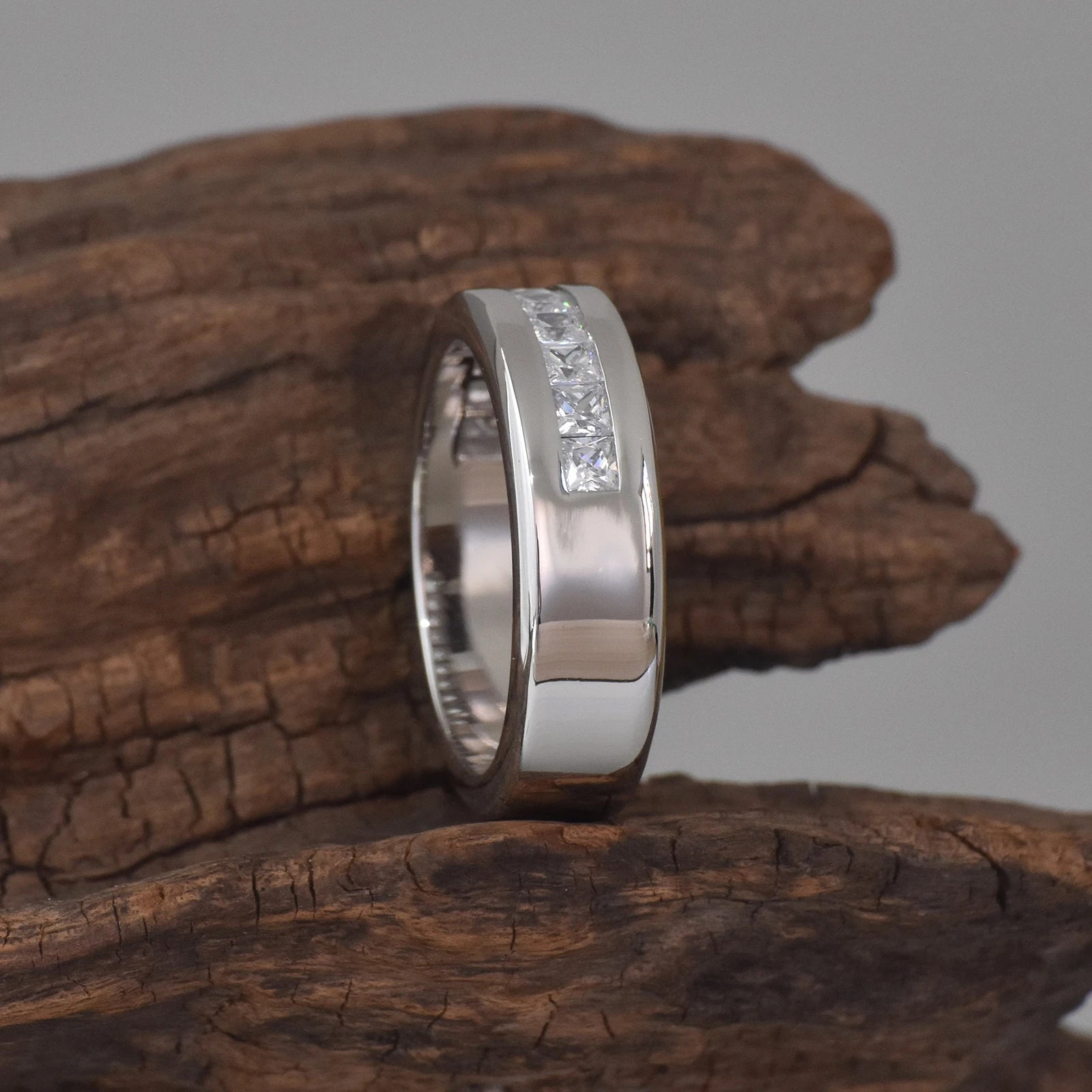 Newshe Men's Half Eternity Moissanite Wedding Band