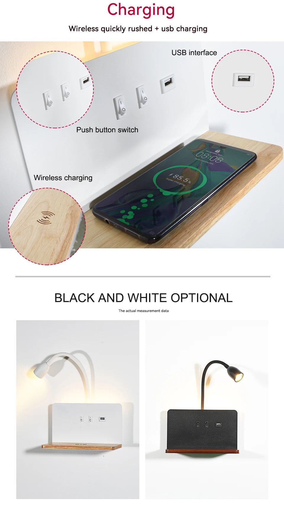 Modern 360° Rotatable LED Wall Lamp with USB & Wireless Charging for Bedside