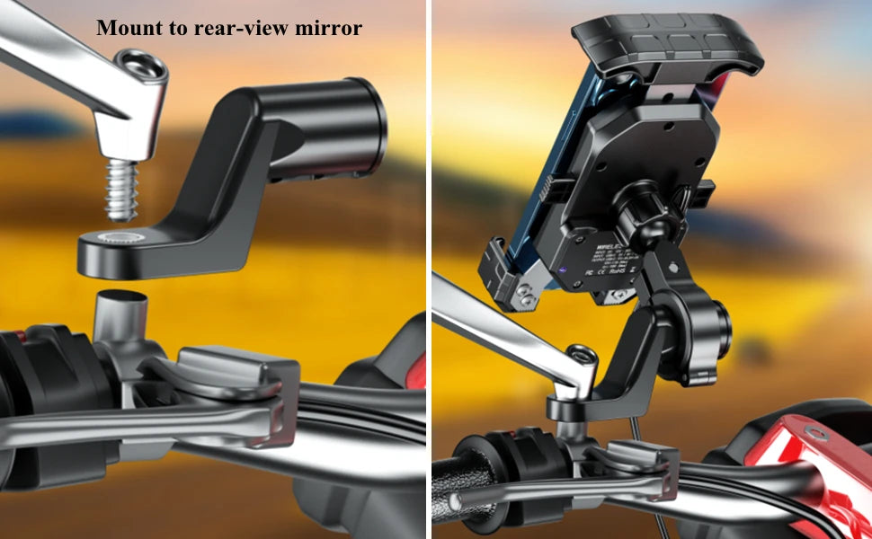 Motorcycle Phone Holder with Fast Wireless & USB Charging | Handlebar & Mirror Mount