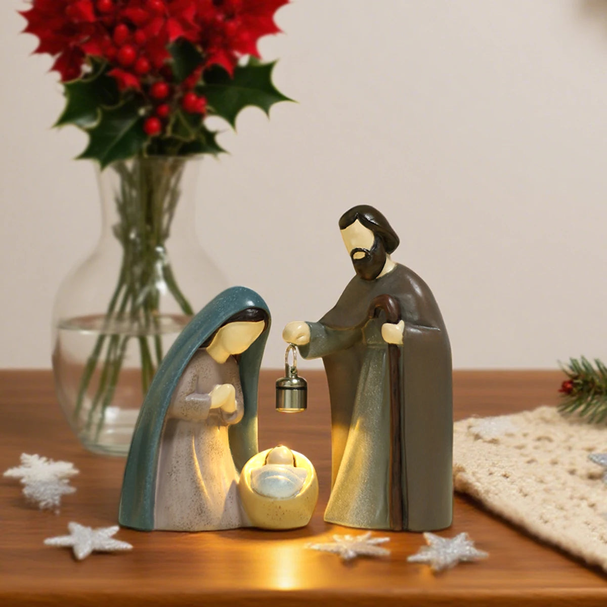 Luminous Christmas Nativity Scene Ornament - 2-Piece Resin Set