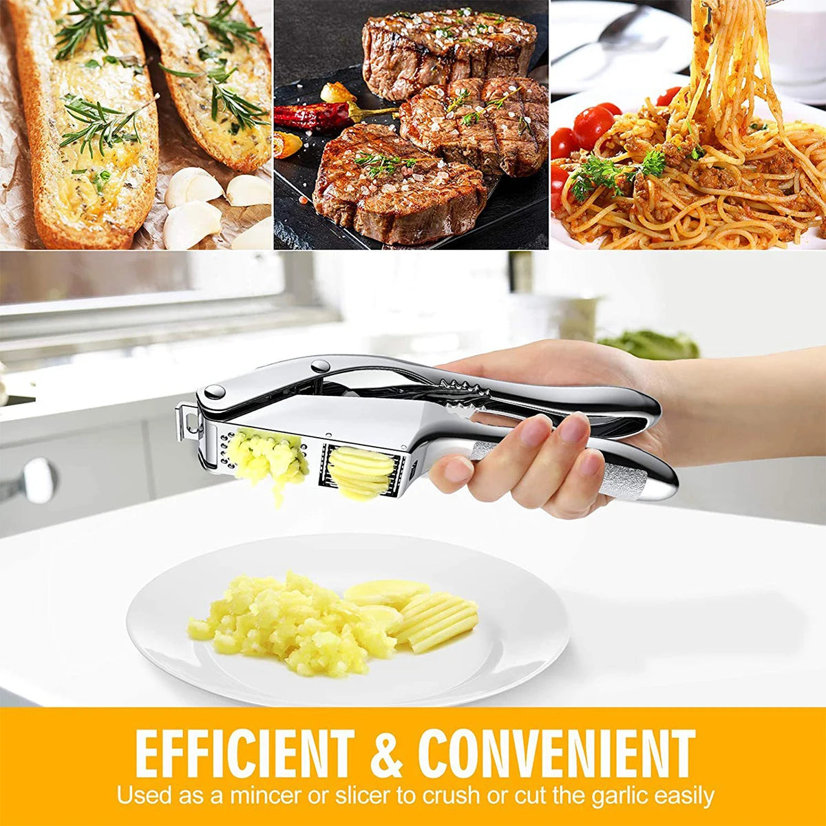Stainless Steel 2-in-1 Garlic Press & Slicer Mincer | Dual Function Kitchen Tool