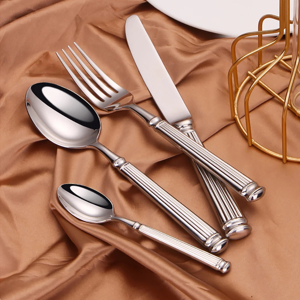 Elegant Silver Striped Cutlery Set - Premium 304 Stainless Steel Tableware