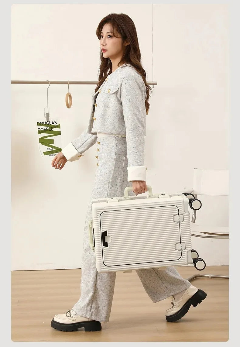 Vabena Front Opening USB Charging Aluminum Carry-on Suitcase