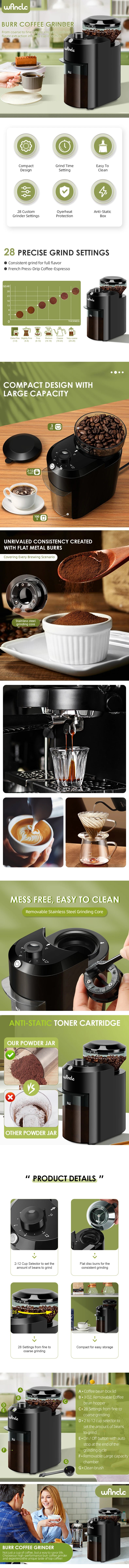 Wancle Electric Burr Coffee Grinder | Adjustable Conical Mill