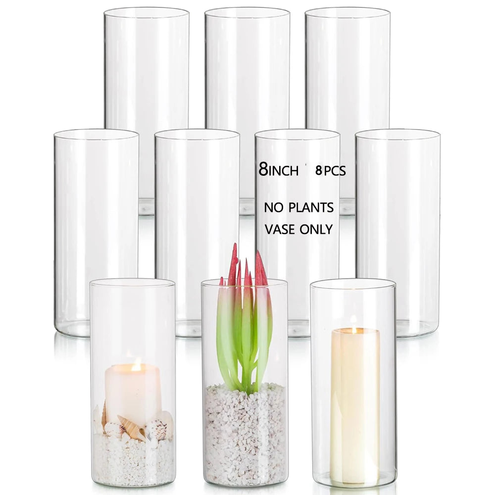 Clear Glass Cylinder Vase & Hurricane Candle Holder Set (4/6/8 Inch) - Home & Wedding Decor