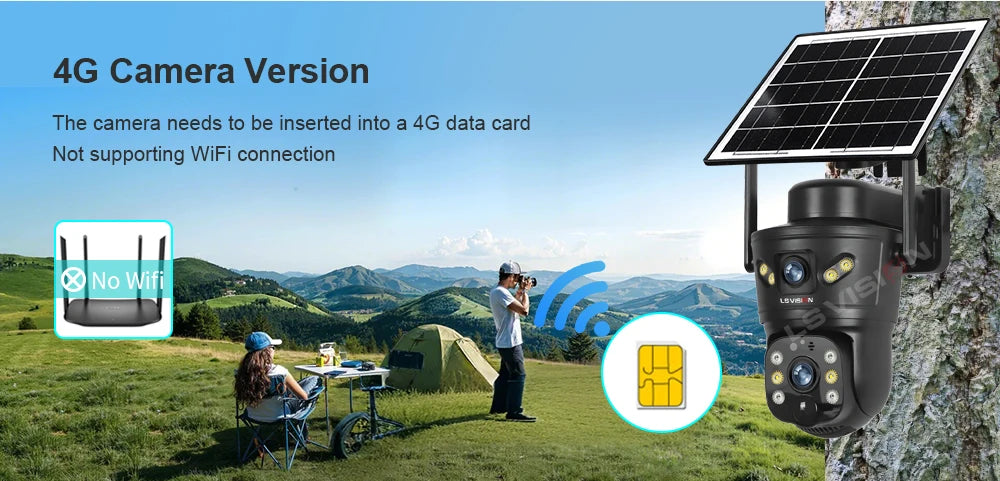 LS VISION 4G/WiFi Outdoor Solar Camera 8MP Dual Lens PIR SIM Night Vision Waterproof CCTV