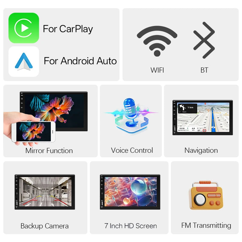 Hippcron 7" 1 Din Car Radio - CarPlay Android Auto Multimedia Player