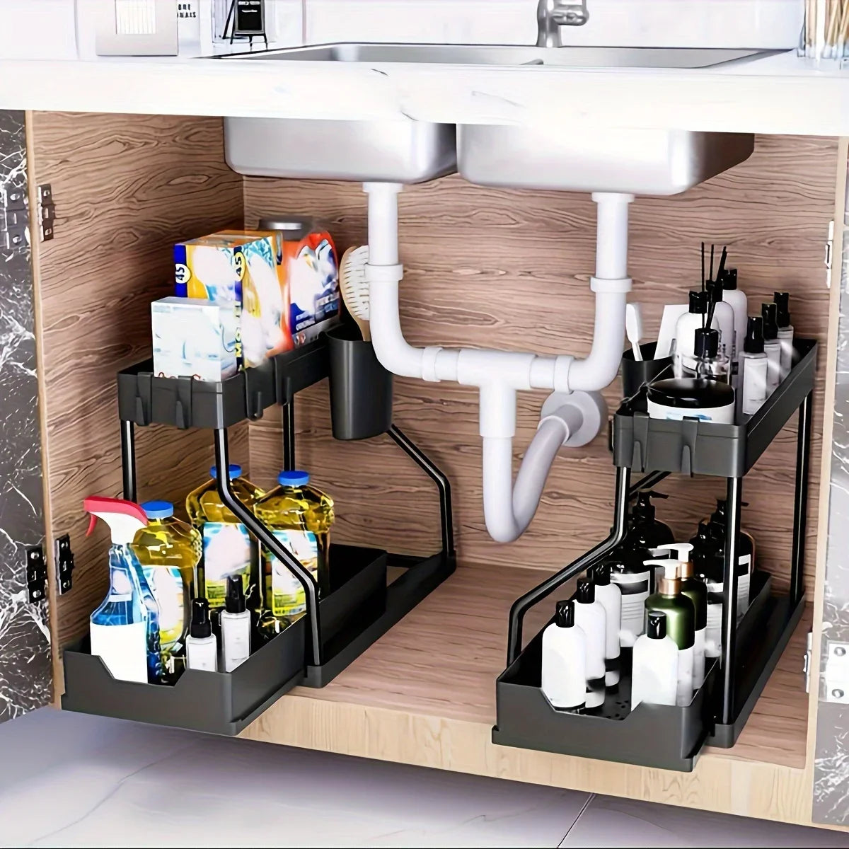 Vabena 2-Tier Under Sink Pull-Out Organizer - Space Saving Storage for Kitchen & Bath