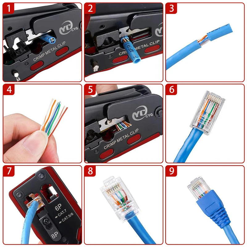Vabena RJ45 RJ12 RJ11 Pass Through Crimp Tool & Stripper Kit | Cat5e-Cat7 Ethernet Crimper