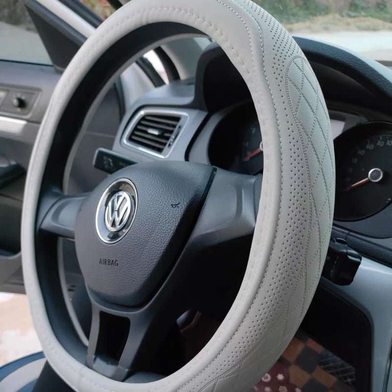 Vabena Napa Leather Perforated Patchwork Steering Wheel Cover Universal 15-inch
