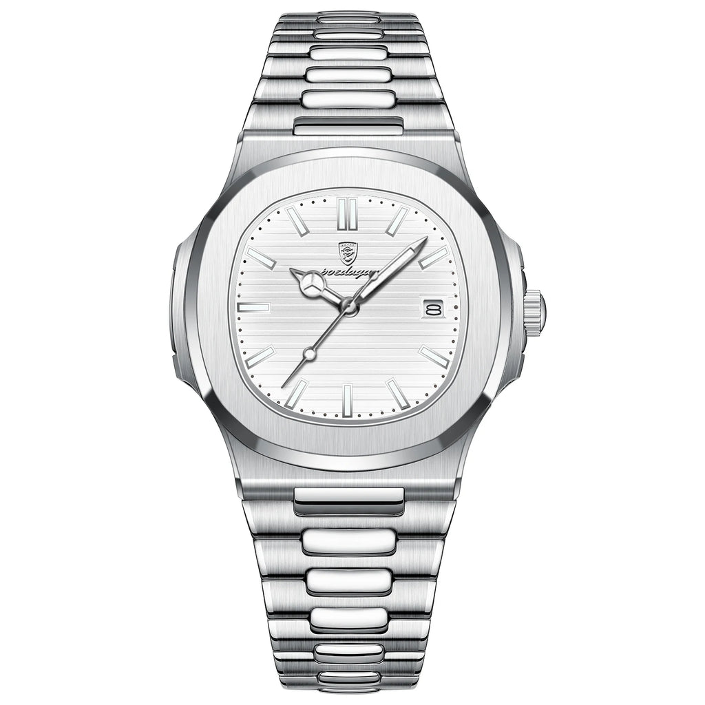 POEDAGAR Men's Square Luxury Quartz Watch - Waterproof, Luminous Date, Stainless Steel for Business & Sport