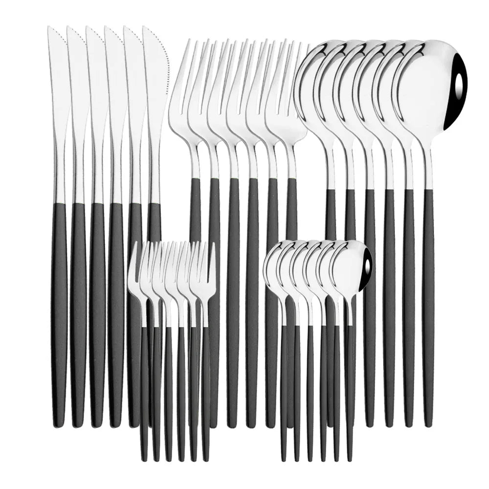Vabena 30-Piece Black Gold Stainless Steel Dinnerware Set