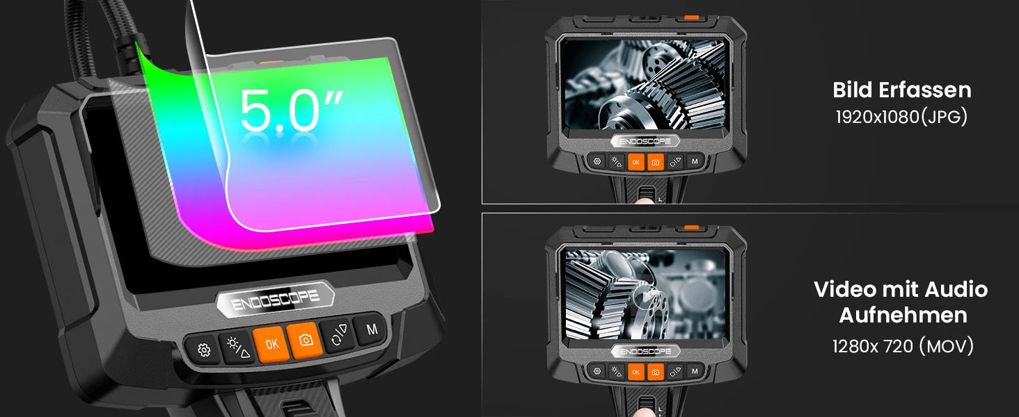 Vabena 360° Rotating Dual-Lens Endoscope - 3.9MM Industrial Inspection Camera with 5-inch IPS Display