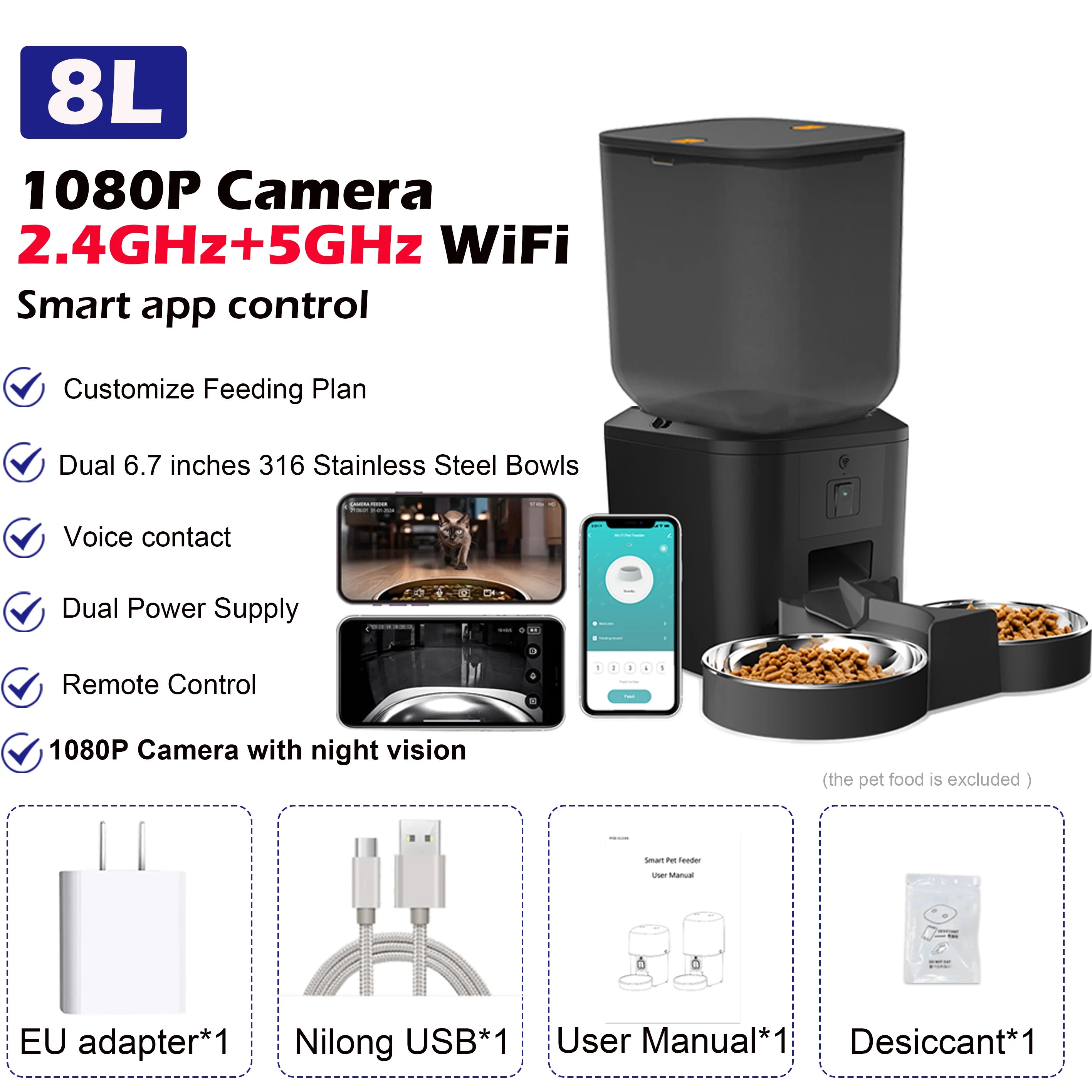 8L Smart Automatic Cat Feeder with 1080p Camera & 5G WiFi App Control