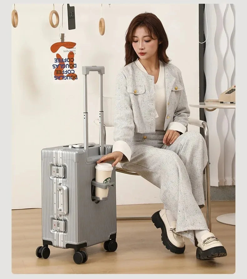 Vabena Front Opening USB Charging Aluminum Carry-on Suitcase