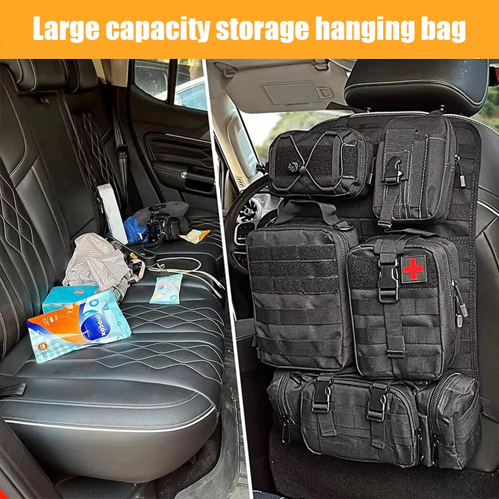 Tactical Car Seat Organizer - Universal Molle Panel with 5 Detachable Pouches