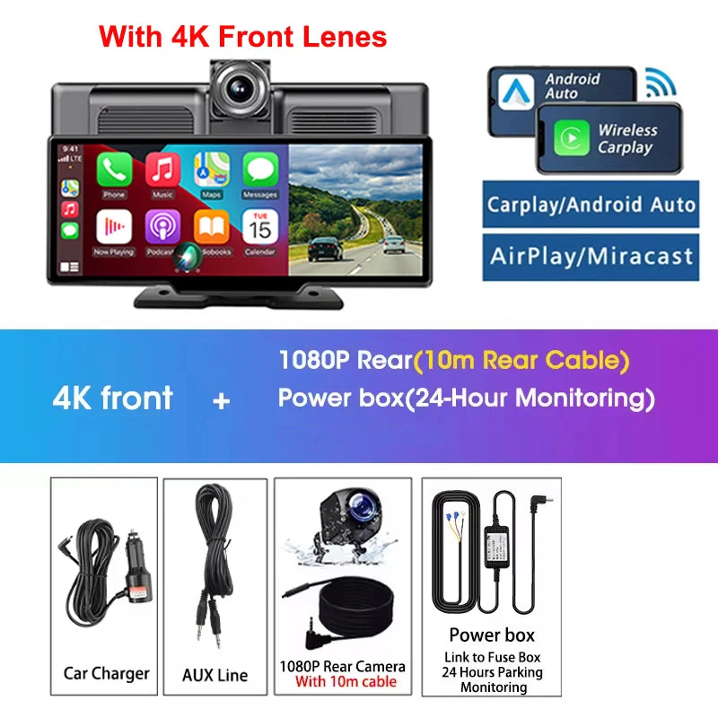 Srnubi 10.26" 4K Dash Cam with CarPlay, Android Auto & GPS